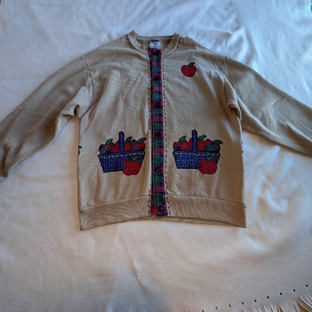 Jerzees Cardigan Beige Fleece Long Sleeve Button up Patchwork Large Unisex EUC
